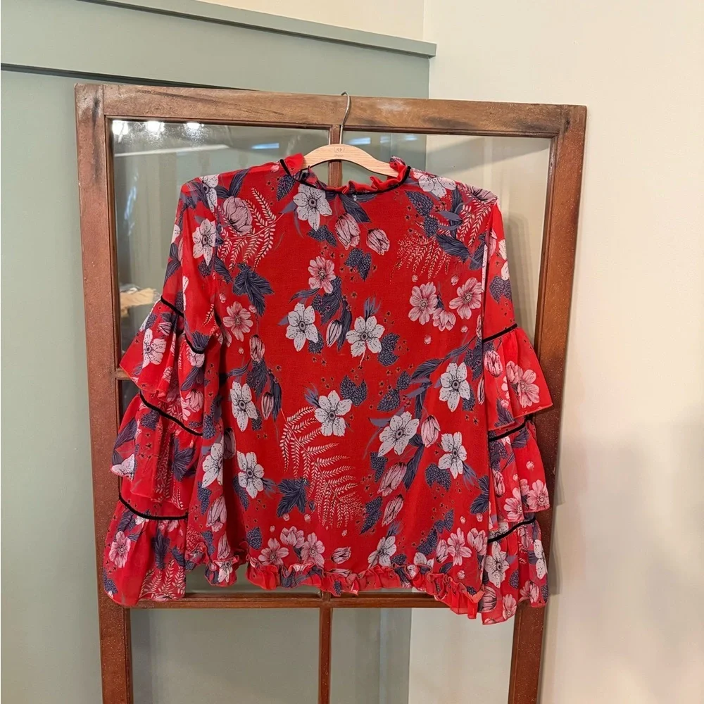 Given Kale Red Floral Blouse with Layered Ruffled Sleeves - Picture 3 of 3